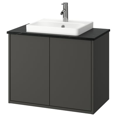 HAVBÄCK wall-mounted dark grey bathroom cabinet with modern square white sink.