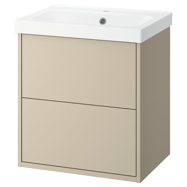 A beige bathroom cabinet with a built-in white sink. It a modern, minimalist design with two drawers.