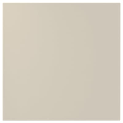 Displays a beige HAVSTORP kitchen cabinet in a square shape with smooth, clean lines and a modern design, made from acrylic-painted fiberboard.