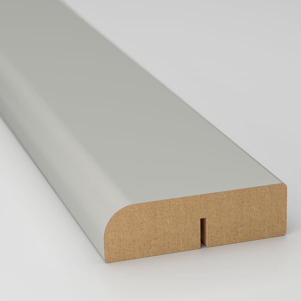 Light grey kitchen cabinet trim, sleek and well-crafted, showcasing smooth surfaces and clean lines.