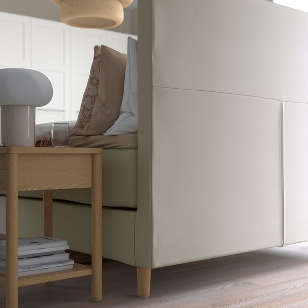 Modern bed with soft, supportive headboard. Perfect for reading or tv. Easy-to-clean, machine-washable cover.
