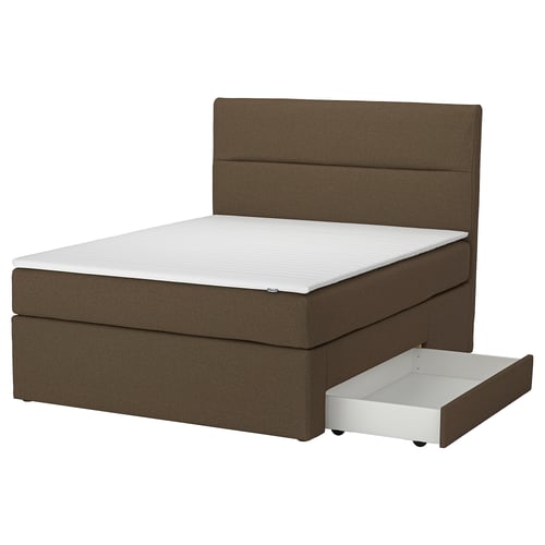 Hemfjallet bed: brown fabric, rectangular with headboard, storage drawers, upholstered sides.