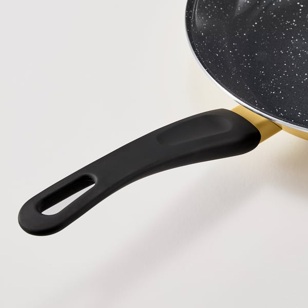 Black frying pan with a black handle and a non-stick interior, designed for even heat distribution.