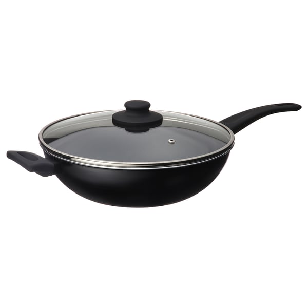 HEMLAGAD black wok: non-stick, glass lid, sturdy handles, even heat distribution.