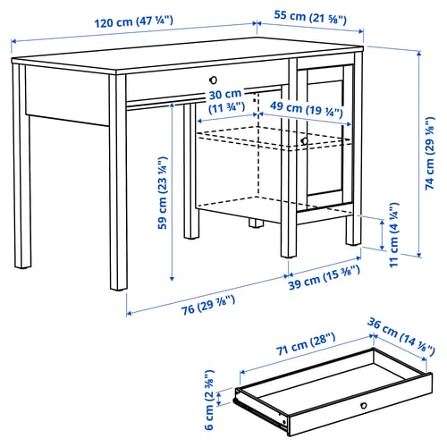 Illustration with measurements for the product: HEMNES.