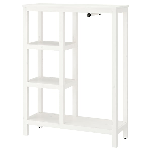 A white HEMNES wooden wardrobe with open shelves and a clothes rail.