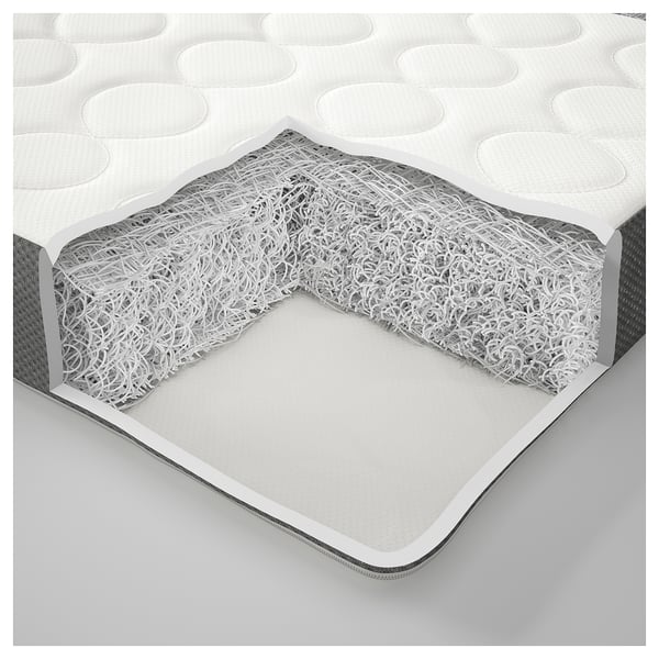 Cross-section of mattress layers. Top with circular patterns, middle with white fiberfill, bottom with gray base.