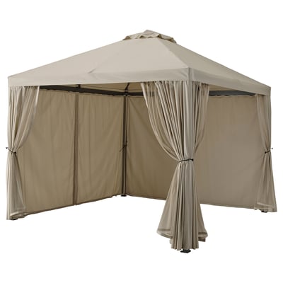 HIMMELSÖ beige gazebo; four posts, square, tent-style design with draped curtains.