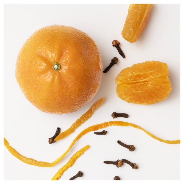 Top view of an orange and clove spices on a white surface. Includes dried orange slices and orange peel curls.