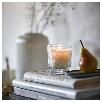 HÖSTAGILLE Scented candle in glass, Pear clear glass, 35 hr