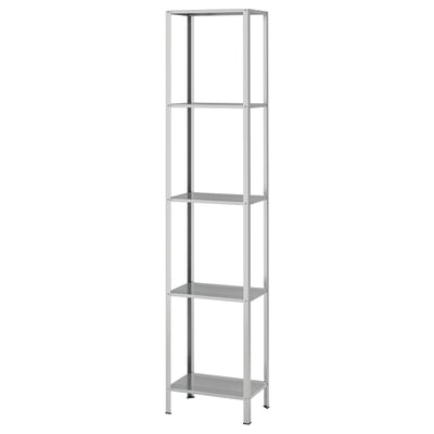 A silver HYLLIS shelving unit with five shelves, designed for indoor or outdoor use.