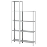 A HYLLIS gray metal shelving unit featuring five open shelves, ideal for various storage needs, both indoors and outdoors.
