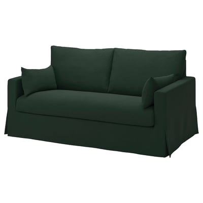 Green HYLTARP sofa, modern design, upholstered in breathable fabric, with a comfortable, inviting look.
