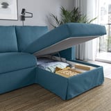 Blue sofa with storage compartment open, revealing blankets and boards inside.