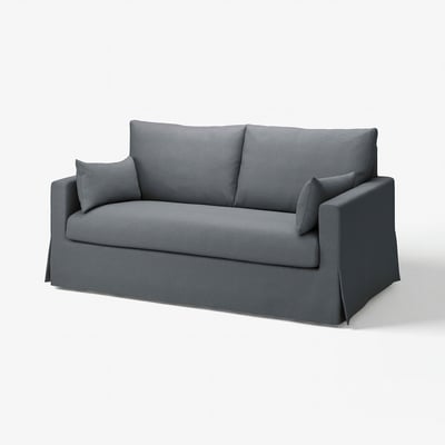 Grey HYLTARP sofa, relaxed design, gransel fabric, soft squared shape with large cushions.