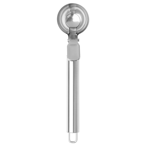 Stainless-steel ice-cream scoop with handle loop, silver, cylindrical shape, easy-grip design.