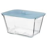 IKEA 365+ clear glass container with blue lid, rectangular shape, transparent body, flexible silicone lid.