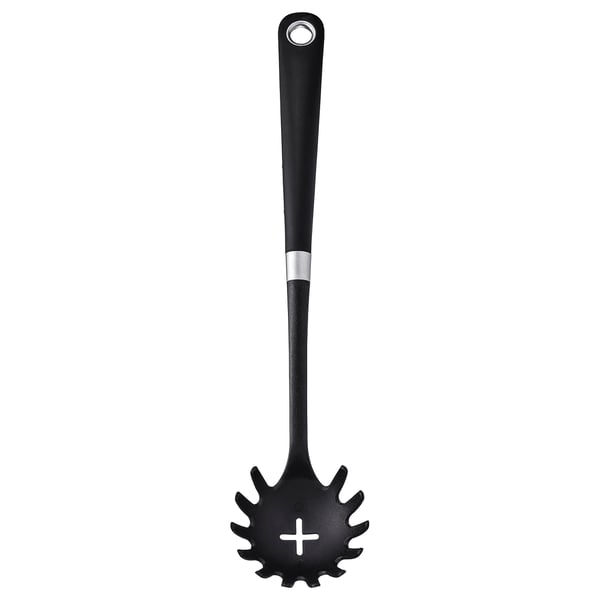 Black IKEA pasta server with spiked head and grippy handle.