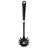 Black IKEA pasta server with spiked head and grippy handle.