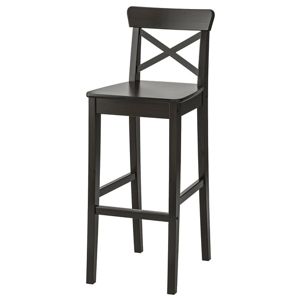 Elegant INGOLF black wooden barstool featuring a crafted seat with a footrest, showcasing a simple yet stylish design.