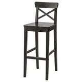 Elegant INGOLF black wooden barstool featuring a crafted seat with a footrest, showcasing a simple yet stylish design.