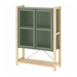 IVAR green metal cabinet with wooden frame, four mesh doors, and bottom shelf.