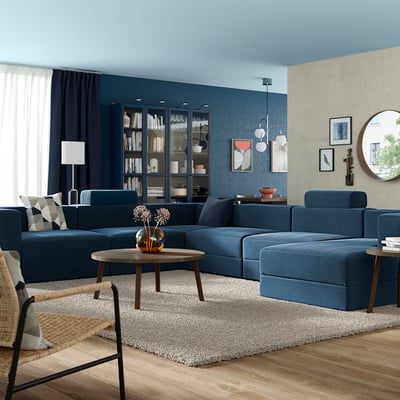 JÄTTEBO U-shaped sofa, 7-seat, with chaise longue, right with headrests/Samsala dark blue