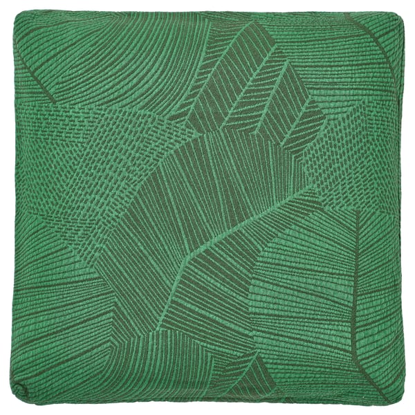 Green JÄTTEGRAN square cushion with leaf pattern and textured fabric.