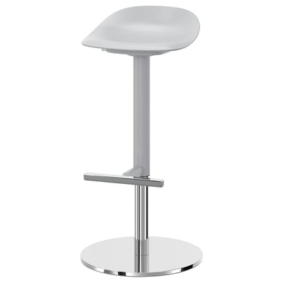 Gray modern adjustable bar stool with chrome base and curved seat.