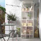 JOSTEIN clear shelving unit with cover, stores plants on balcony, tall and narrow.