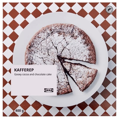 Ikea food packaging: KAFFEREP, gooey cocoa and chocolate cake, 400g. Circular cake with powdered sugar, slice missing.