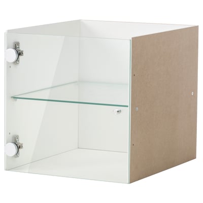 KALLAX shelf unit: white cube with glass door, storing dust-free items.