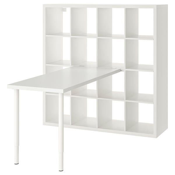 White KALLAX shelf and desk combo; minimalist, rectangular shape with adjustable legs, offering versatile storage.