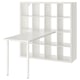 White KALLAX shelf and desk combo; minimalist, rectangular shape with adjustable legs, offering versatile storage.