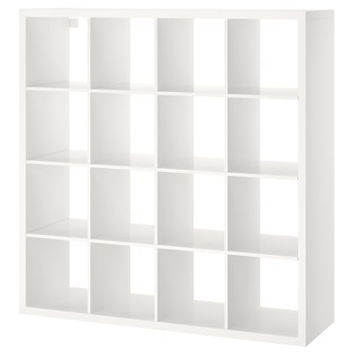 White KALLAX shelving unit with 15 square compartments, particle and fiberboard, smooth finish.