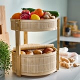 KANELMOTT: 2-tier bamboo & rattan fruit/veg basket, natural color, circular shape, handmade, breathable, reduces food waste.