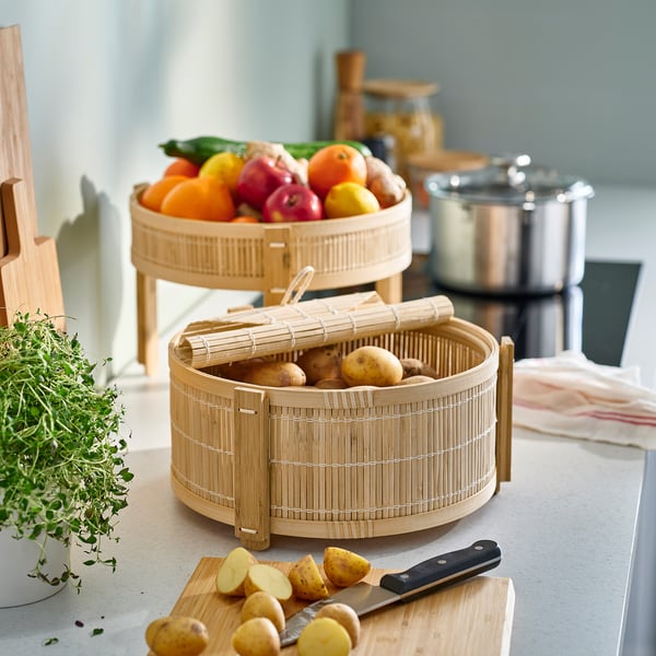 KANELMOTT: natural rattan and bamboo fruit basket, 2-tiered for kitchen storage, extending shelf-life, reducing waste.