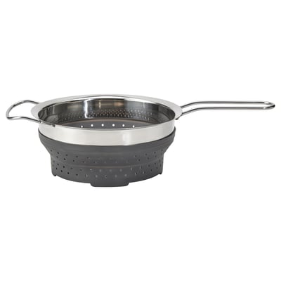 KLOCKREN, gray collapsible colander, stainless steel & silicone, round with handles.