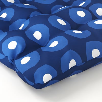 Blue patterned seat cushion with ties, square shape, recycled polyester.