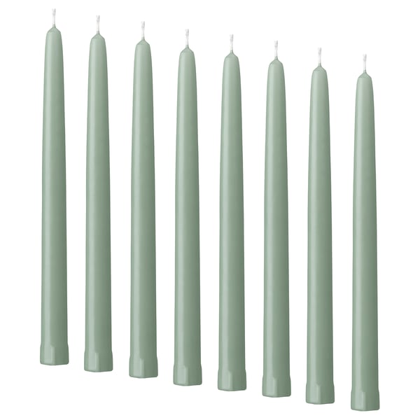 KLOKHET Unscented taper candle, light grey-green, 25 cm
