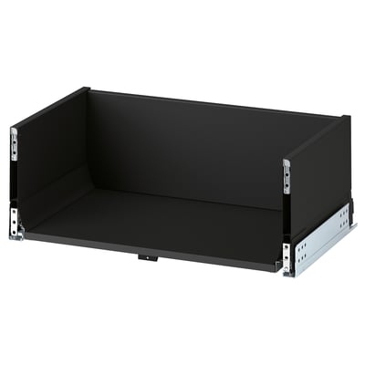 Black KNIVSHULT drawer, sleek design, dark finish, steel runners, rectangular shape, modern style.