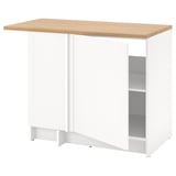 A KNOXHULT white base kitchen unit with an oak effect top, featuring a large storage area and adjustable shelves, ideal for corner spaces.