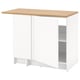 A KNOXHULT white base kitchen unit with an oak effect top, featuring a large storage area and adjustable shelves, ideal for corner spaces.