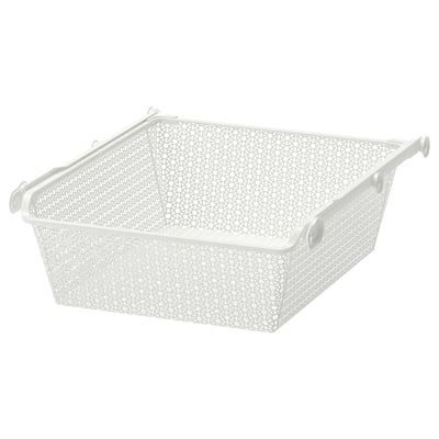 White mesh metal storage basket with handles.