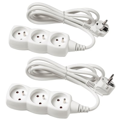 Two white KOPPLA power strips with 3 sockets each, plugs, and 1. 5m cables, made of plastic.
