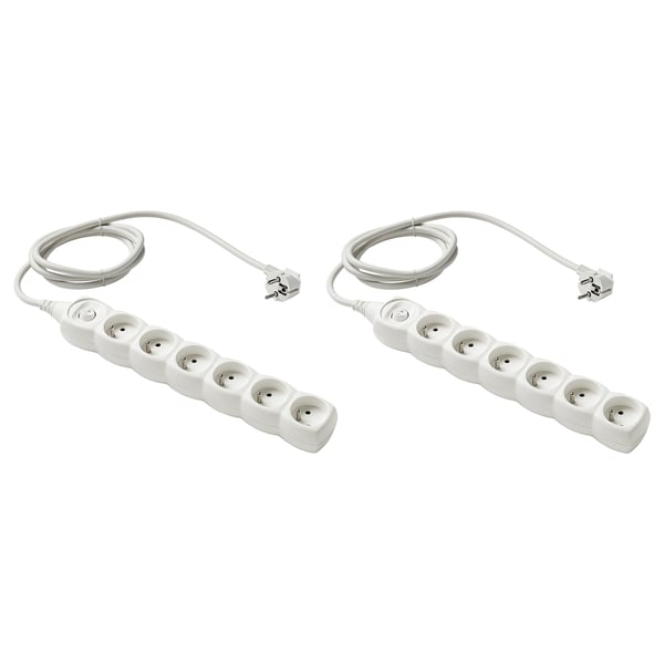 Two white KOPPLA power strips, each with six sockets, on/off switch, and 1. 5m cable.