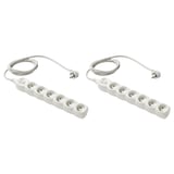 Two white KOPPLA power strips, each with six sockets, on/off switch, and 1. 5m cable.