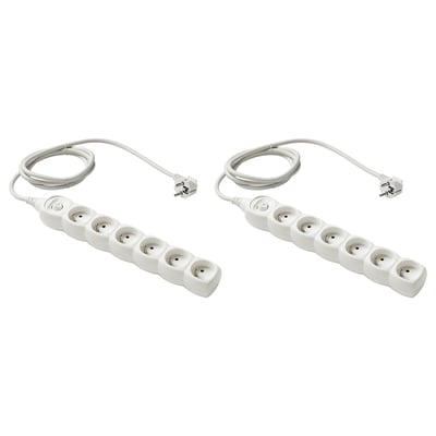 Two white KOPPLA power strips, each with six sockets, on/off switch, and 1. 5m cable.
