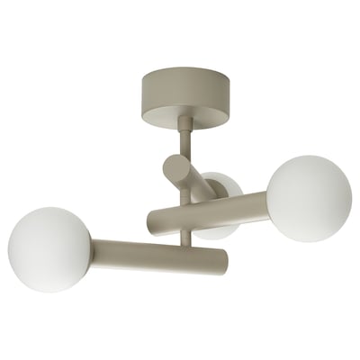 KRANBALK ceiling lamp, three white glass globes on metallic arms, modern, chrome finish, circular base.