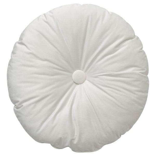 Round white cushion, velvet, center button, recycle fill.